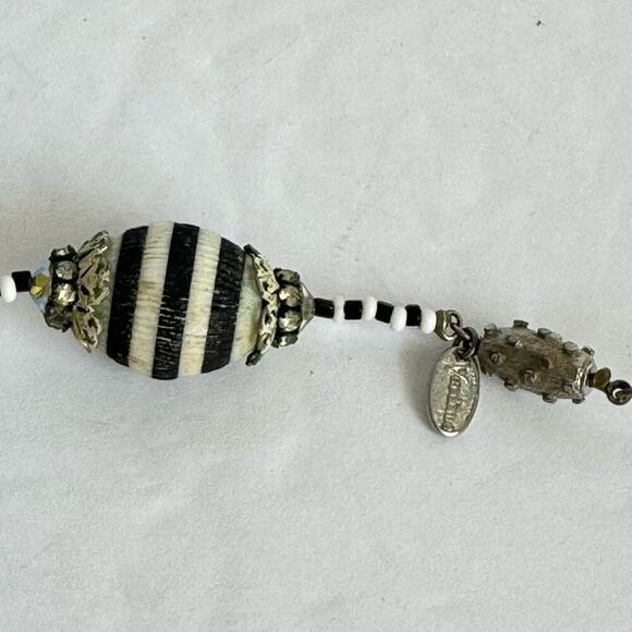 Vendome Necklace Vintage Black & White Stripe Bead Beaded Retro Mod 60s Signed - Picture 8 of 13